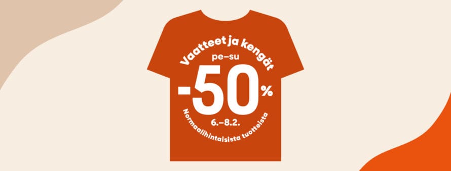 Fidan vaatealen -50% bannerikuva oranssilla t-paidalla