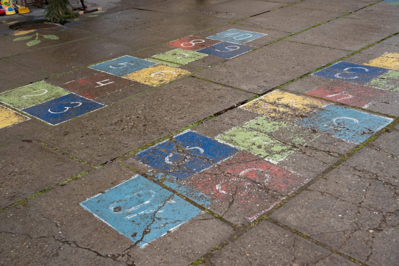 Pääkuvassa lasten leikkikentällä kuvattuna maahan piirretty hyppyruudukko.