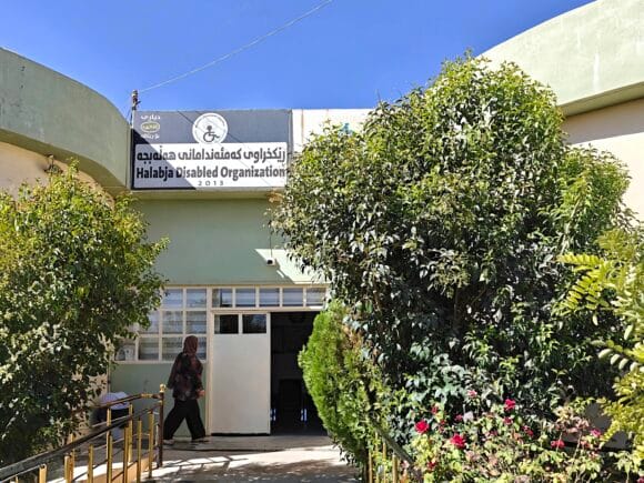 Ulkoapäin kuvattu sisäänkäynti HDO-järjestön toimistorakennukseen. Ovelle johtavan rampin sivuilla kasvaa puskamaisia puita.