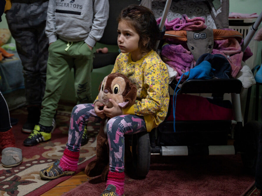 Little girl in emergency accommodation.