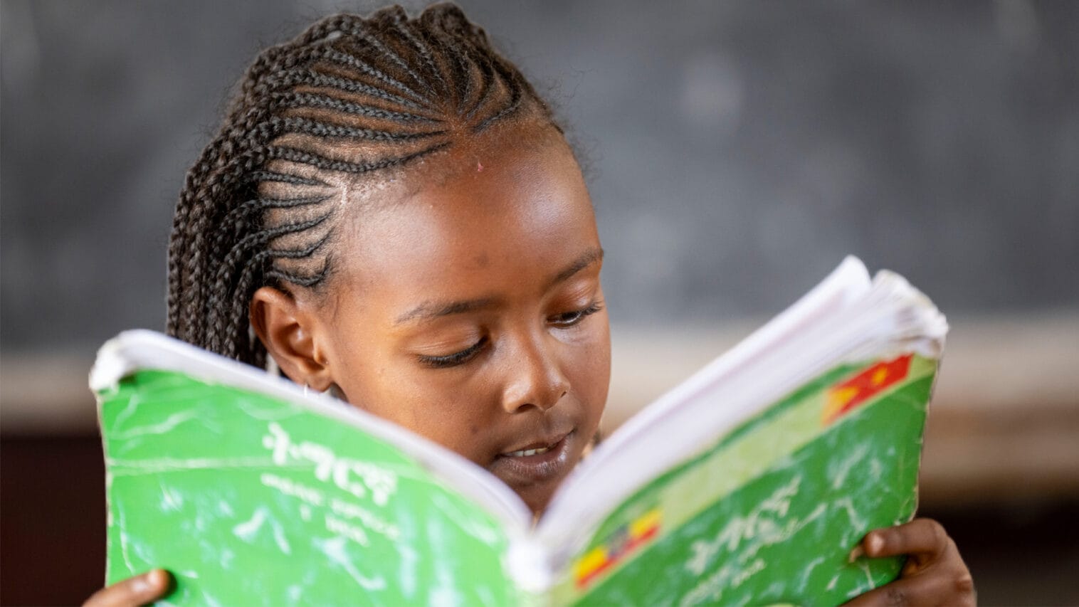Tyttö selaa oppikirjaa Romanatin peruskoulussa Tigrayssa, Etiopiassa.