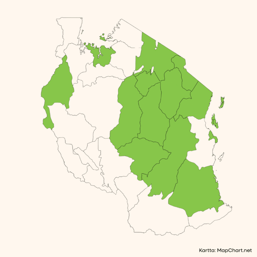Tansanian kartta, jossa on maalattuna vihreällä ne alueet, joilla suomalaiset järjestöt työskentelevät.