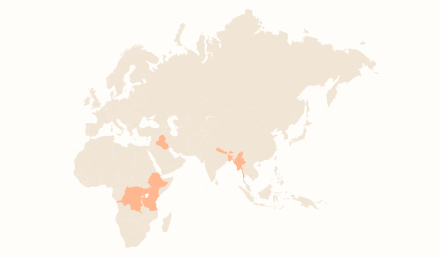 Afrikan ja Euraasian kartta, jossa Fidan kehitysyhteistyön toimintamaat korostettu oranssilla värillä.